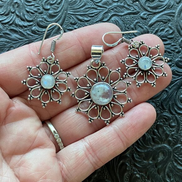 Rainbow Moonstone Crystal Gemstone Pendant and Earrings Set - Picture 4 of 8